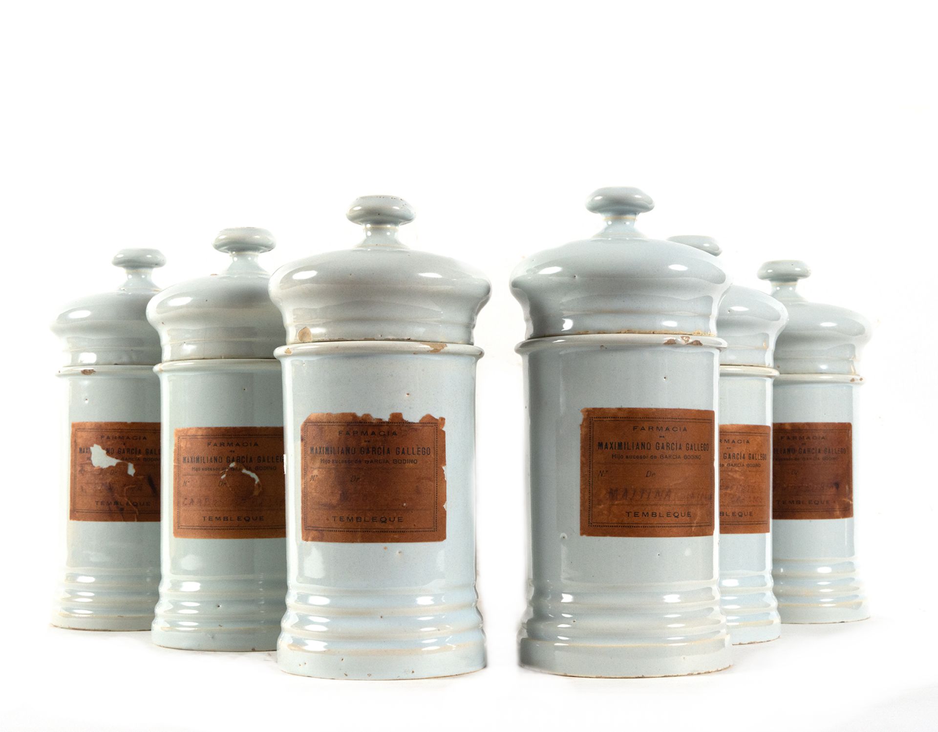 Set of six glazed ceramic pharmacy jars, 19th century