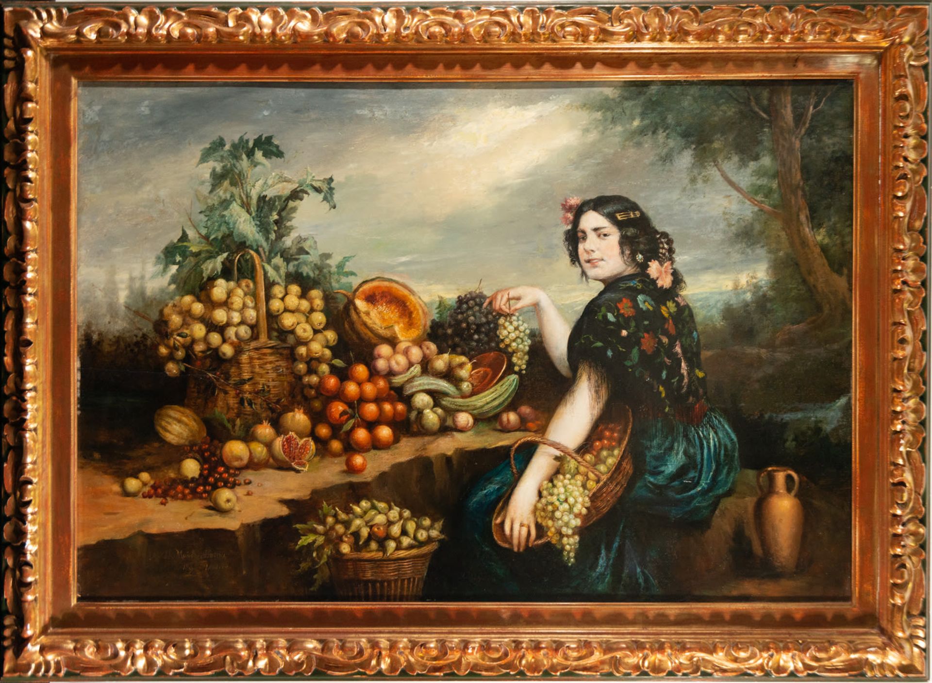 Important Woman With Basket of Fruits, Tomas Munoz Lucena (Córdoba, 1860-Madrid, 1943), 19th C