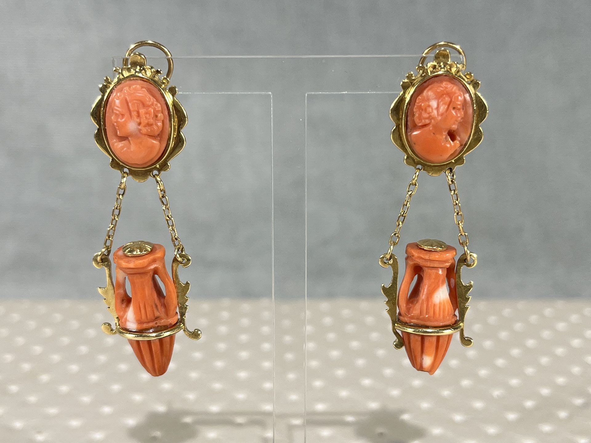 Spanish earrings with cameos and Mediterranean Coral amphoras mounted in 18k gold