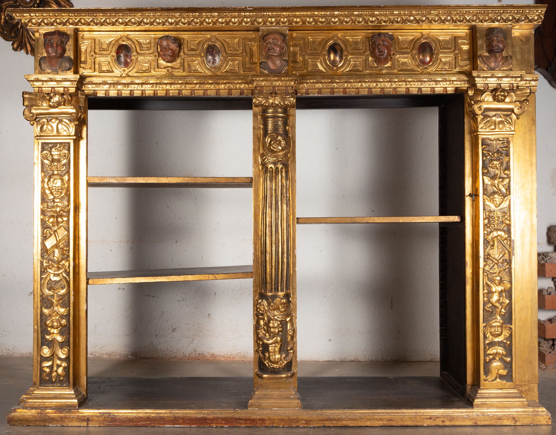 Large Bookcase Furniture (pair of previous batch) made up of a Renaissance Altarpiece with shelves,  - Image 6 of 9