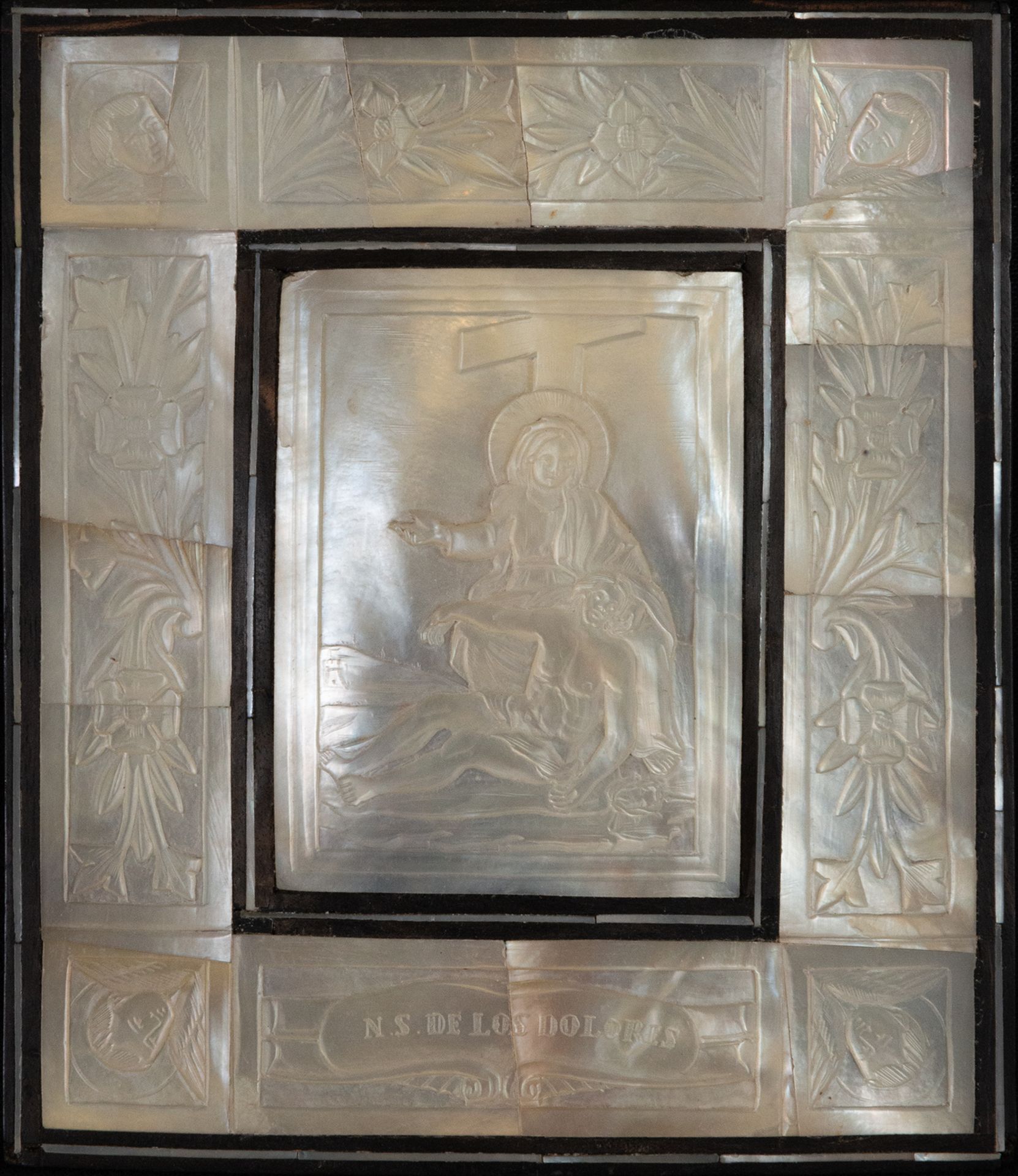 Rare Virgin of Sorrows in carved plates of Mother of Pearl, also called Jerusalem work, 18th century