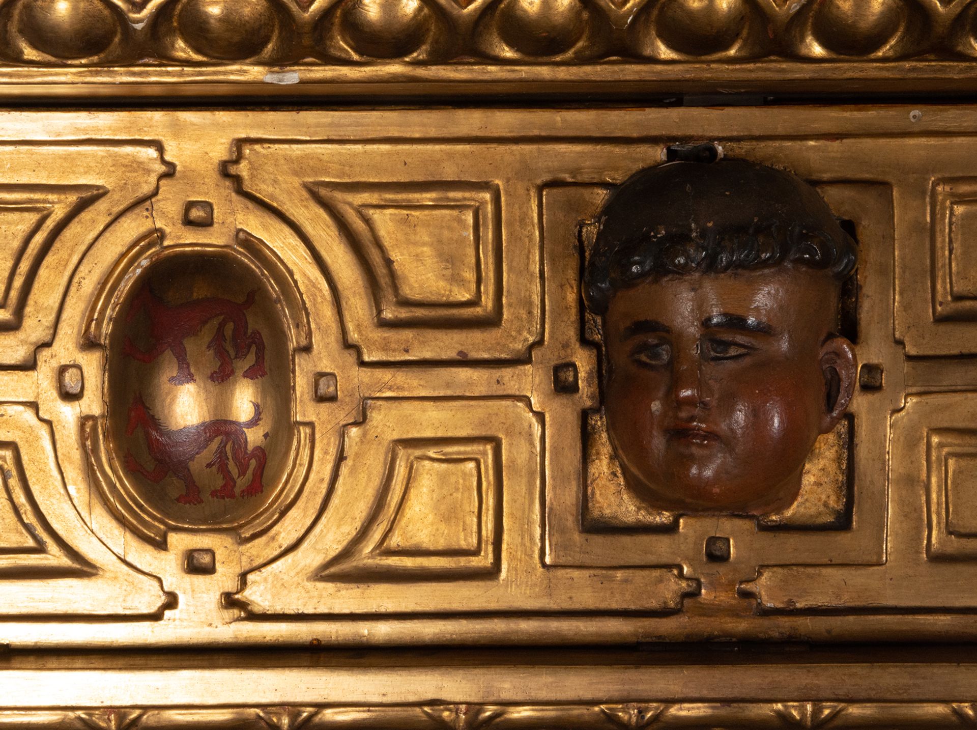 Large Bookcase Furniture made up of a Renaissance Altarpiece with shelves, 16th century, the shelves - Image 2 of 7