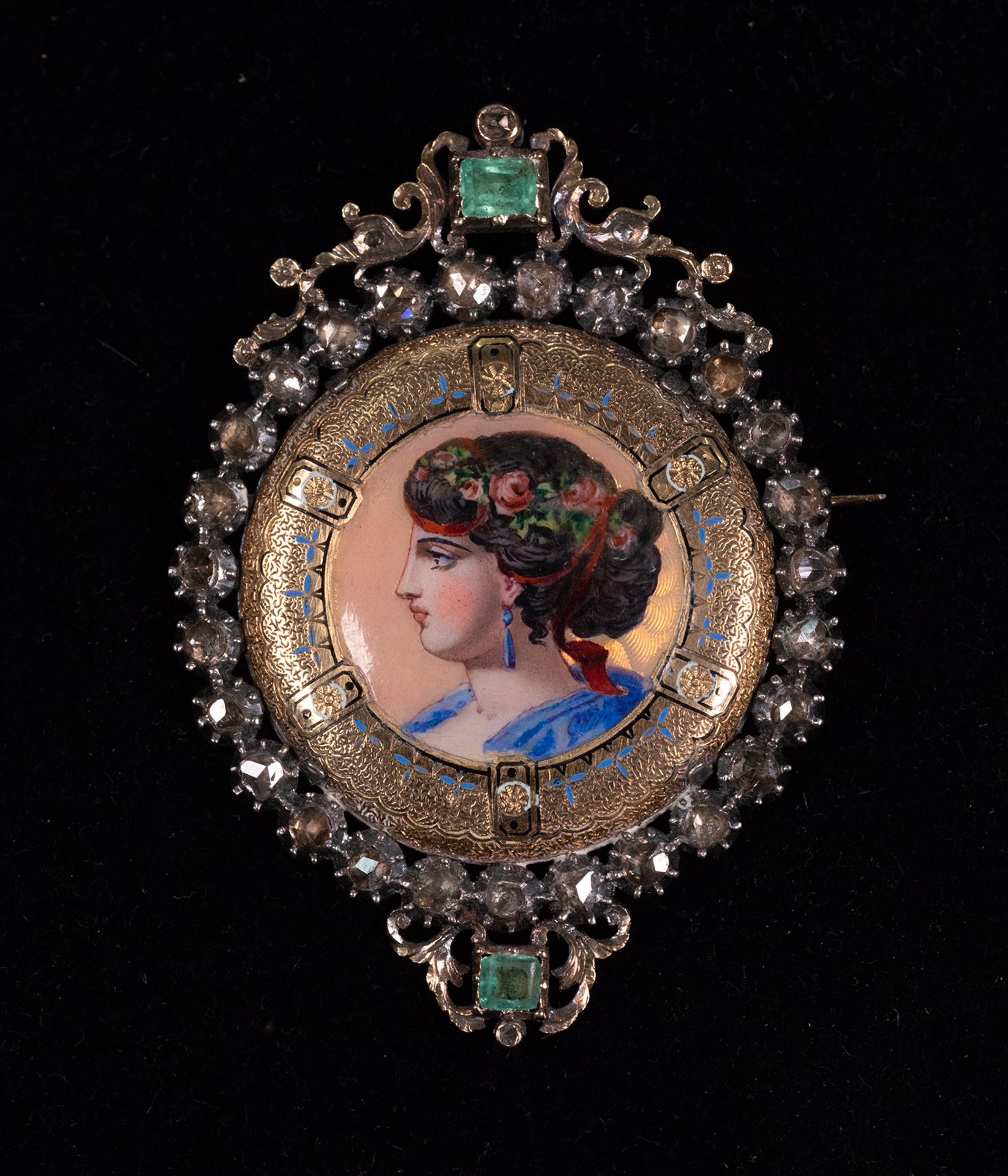 18-karat gold and enamel brooch, set with diamonds and emeralds