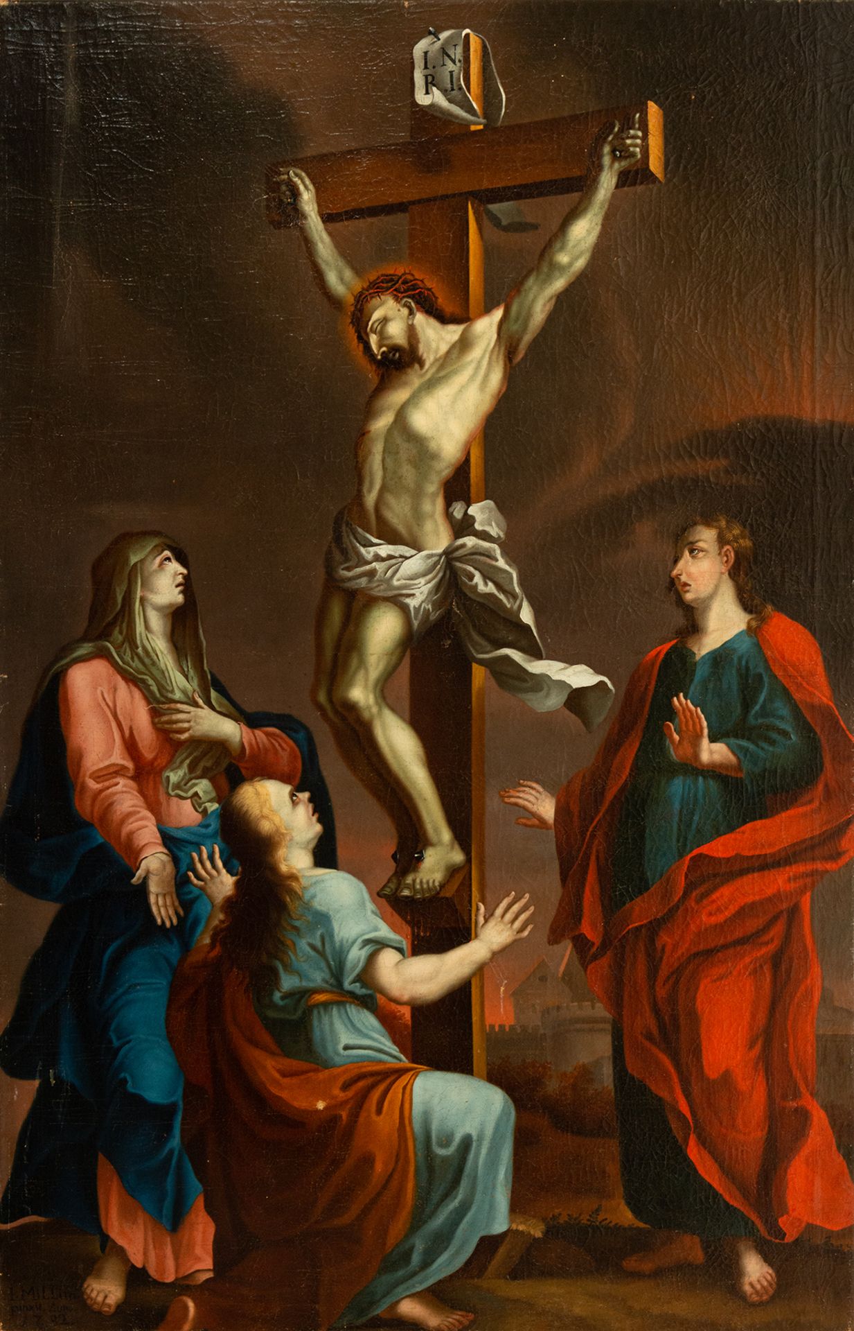 Christ on the Cross with Mary, Mary Magdalene and Saint John the Evangelist, 18th century Italian sc