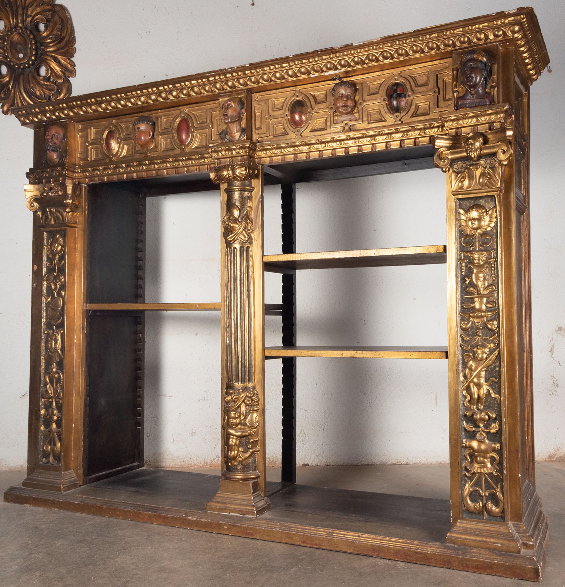 Large Bookcase Furniture made up of a Renaissance Altarpiece with shelves, 16th century, the shelves - Image 7 of 7