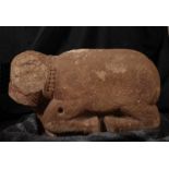 Rare stone calf carved with traces of polychromy from the Iberian school, Visigoth or Iberian, possi