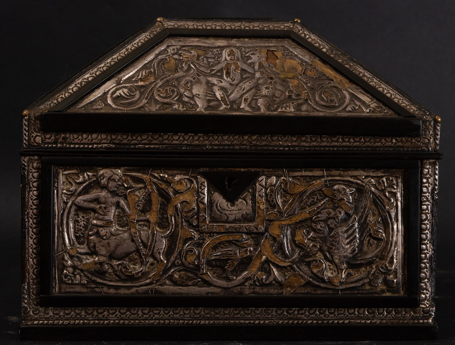 Italian Renaissance chest in embossed silver and ebony marquetry