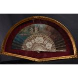 Elegant Elizabethan fan with a gallant scene, signed, 19th century