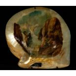 Shell in Mother of Pearl with Cliffs, 19th century Philippine Colonial School, signed