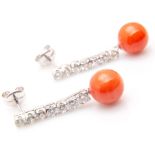 Teardrop earrings in 18k white gold, brilliant cut diamonds and AAA quality Mediterranean red coral