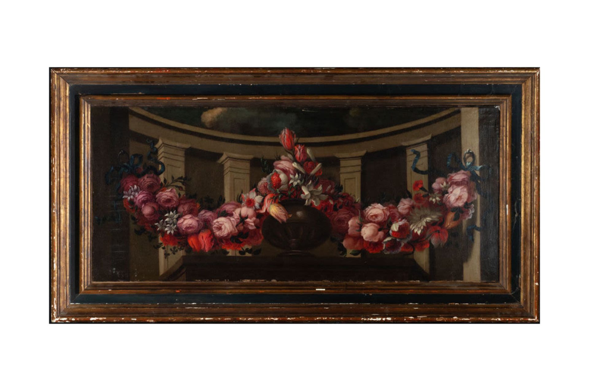 Garland of Flowers with Caprice in the background, Italian school of the 17th century
