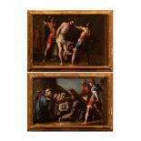 Pair of canvases, Andalusian school of the 17th, "Christ with the Cross" and "The Flagellation of Ch