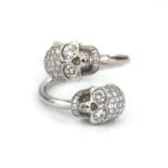 You and me ring with skulls in diamonds and white gold, 1.75 ct in total