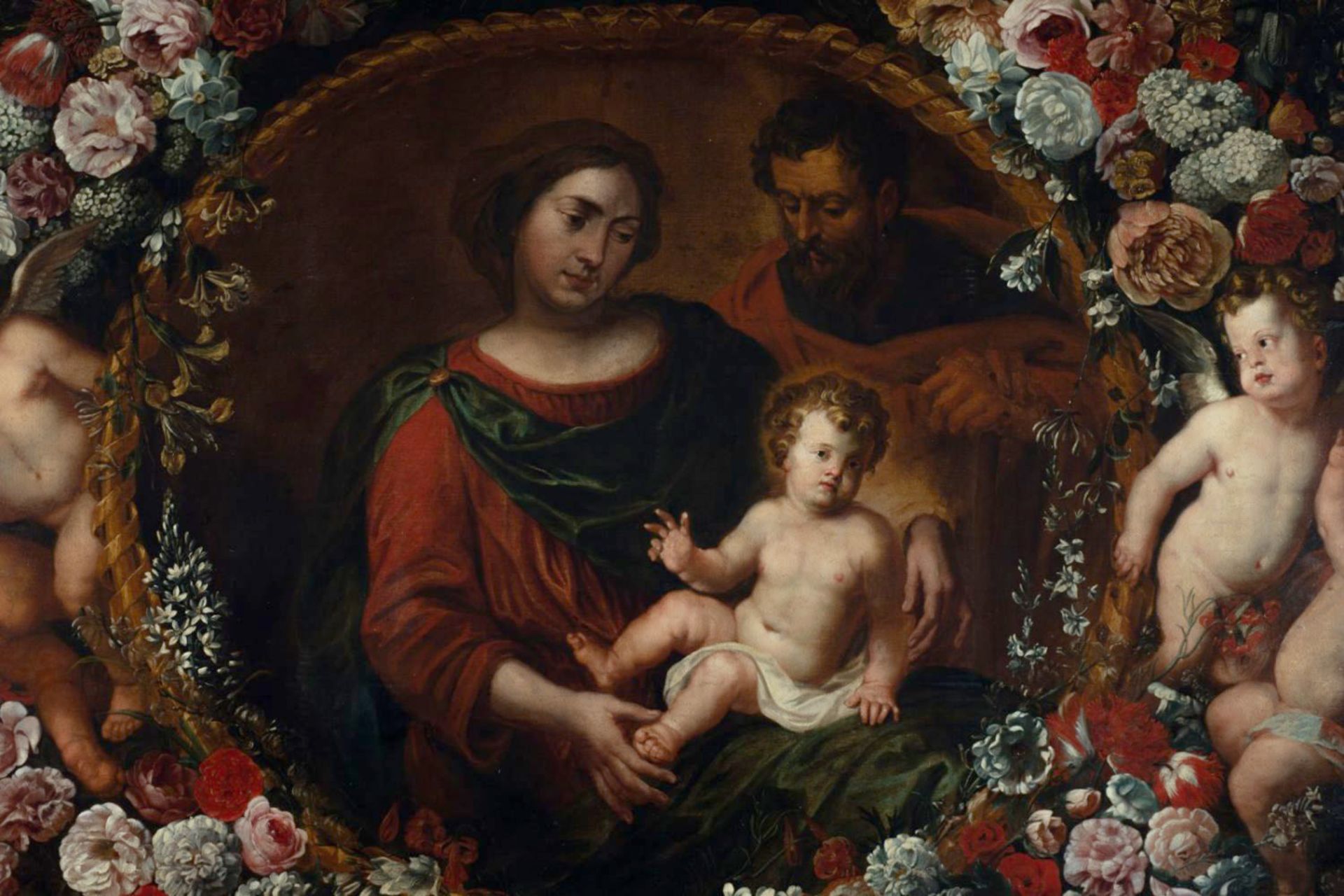 Exceptional Large Flemish Garland with Holy Family, attributed to Erasmus Quellinus II (Antwerp, 160 - Image 2 of 10