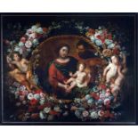Exceptional Large Flemish Garland with Holy Family, attributed to Erasmus Quellinus II (Antwerp, 160