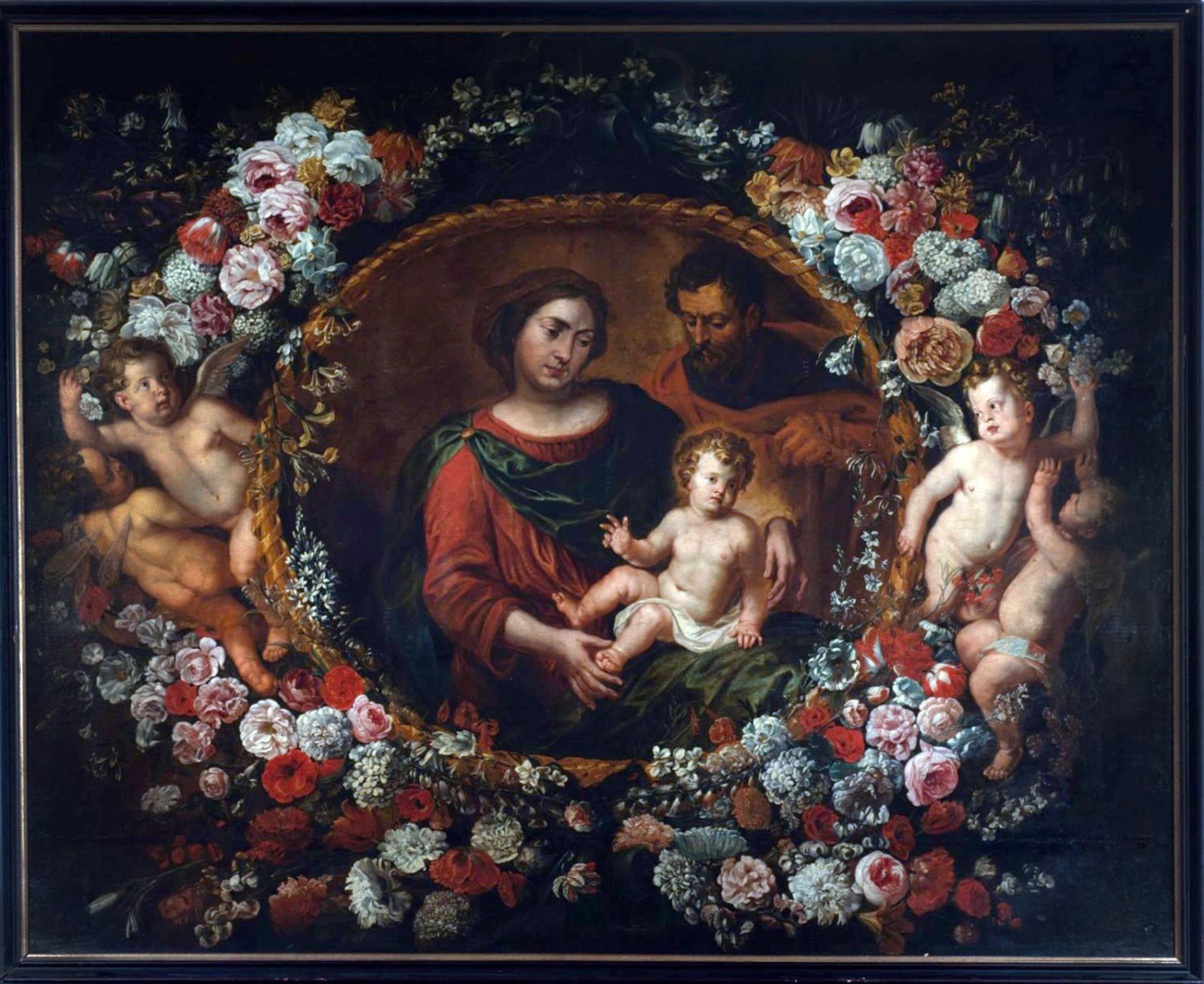 Exceptional Large Flemish Garland with Holy Family, attributed to Erasmus Quellinus II (Antwerp, 160