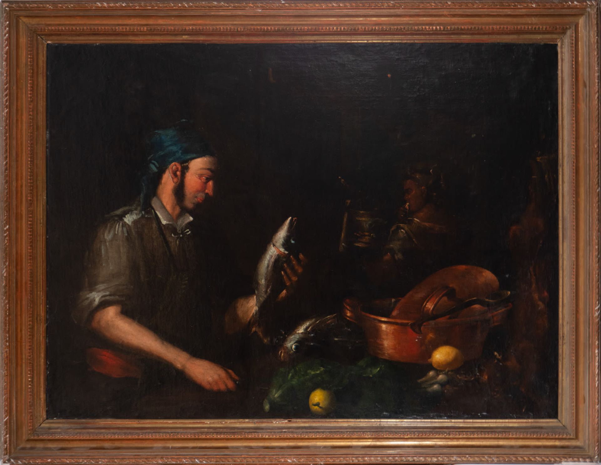 Important Still Life of Fish Seller, in the manner of Bernardo Strozzi, nicknamed "il Cappuccino" (G