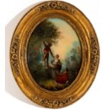 Beautiful Oval in glass painted with a Galante scene, France, 19th century