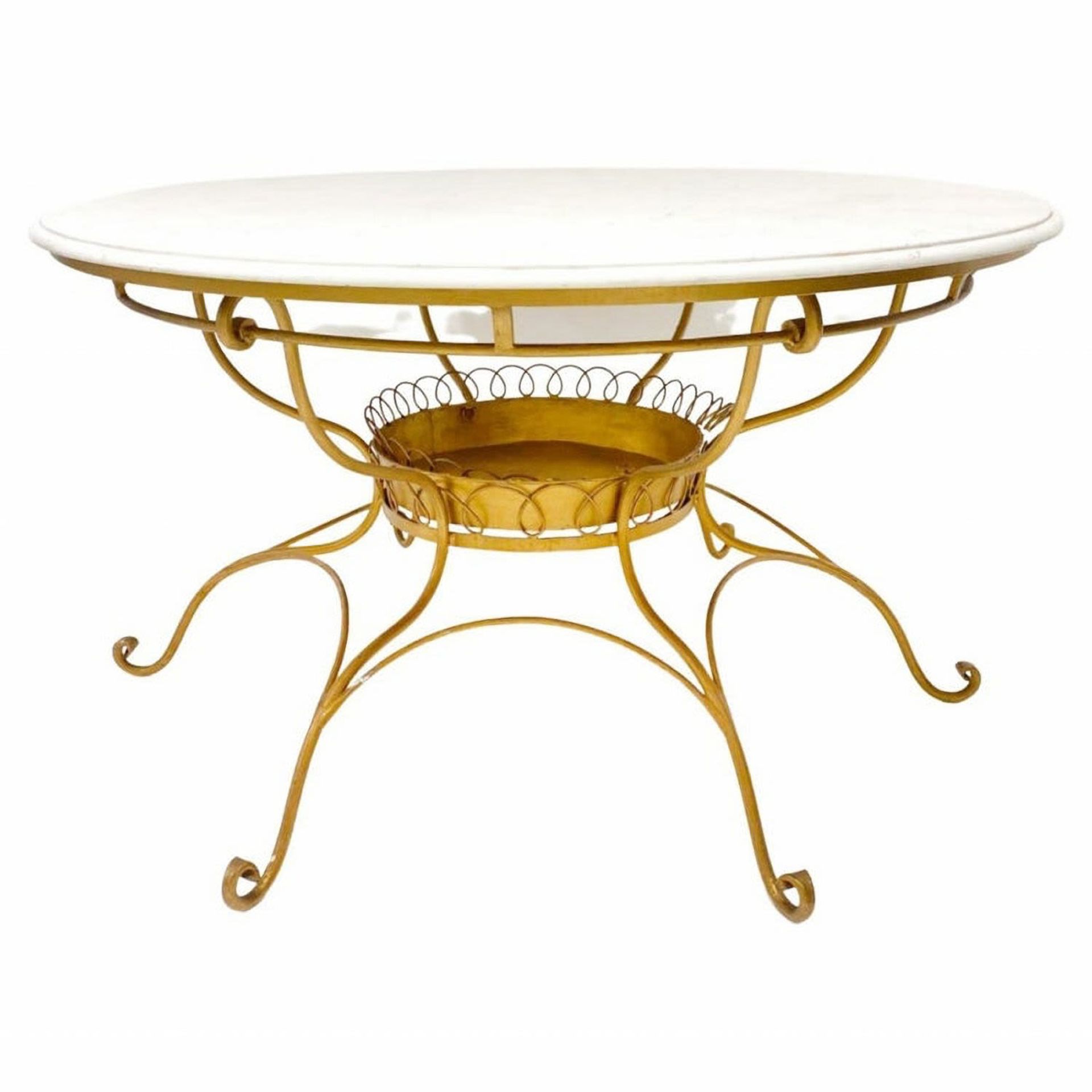 Italian table "Años 40" in golden wrought iron and marble top