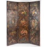 Colonial screen with three leaves in wood and leather painted with floral decoration and birds.