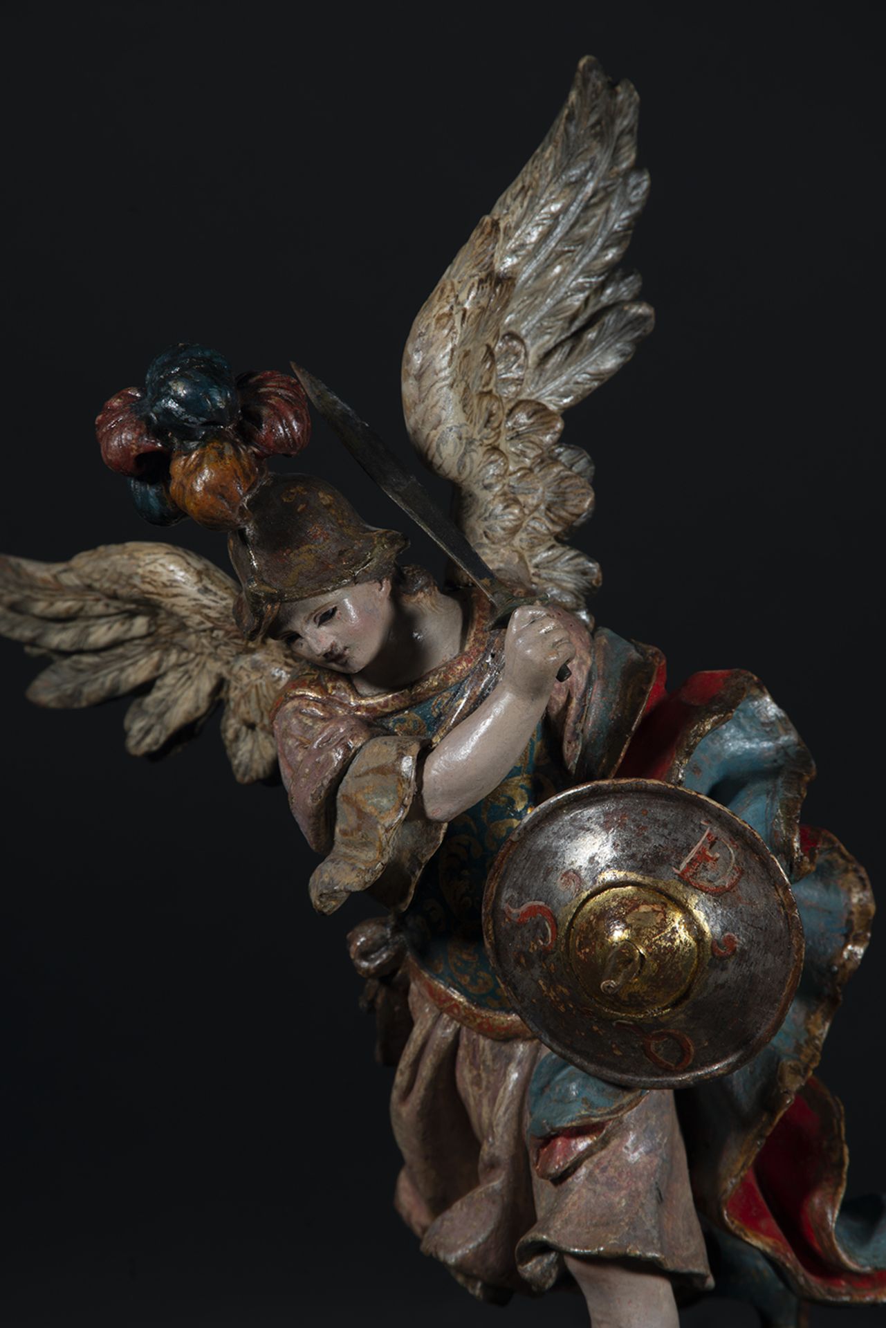 Exceptionally Fine Archangel St. Michael subduing the Devil, colonial school of Quito, 17th century