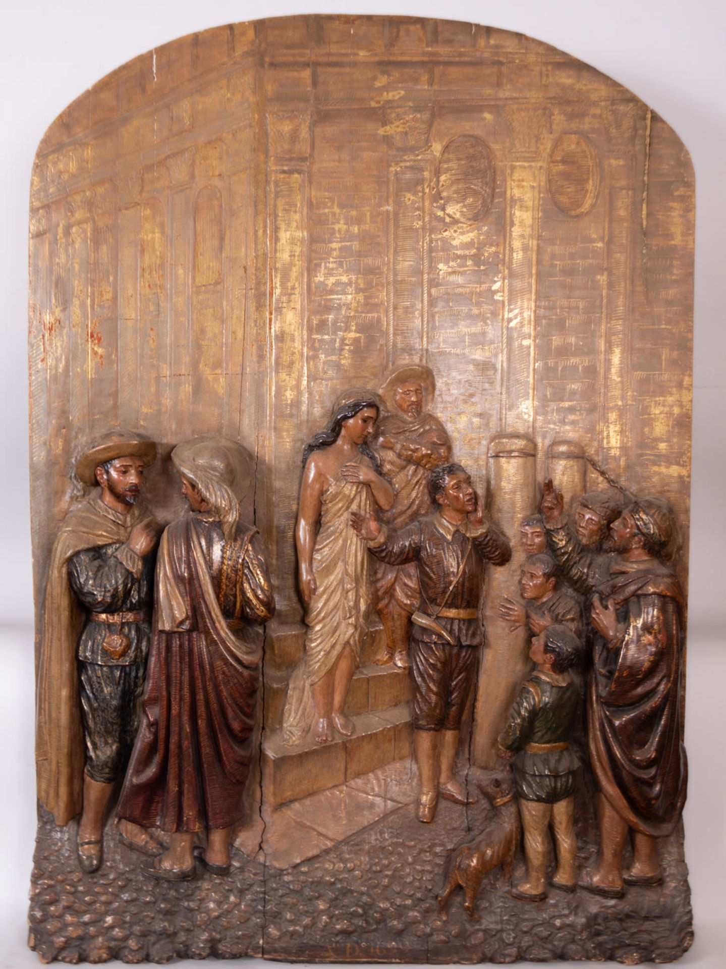 Relief in Polychrome Wood representing the sale of a Slave at the doors of the Cathedral of Seville,