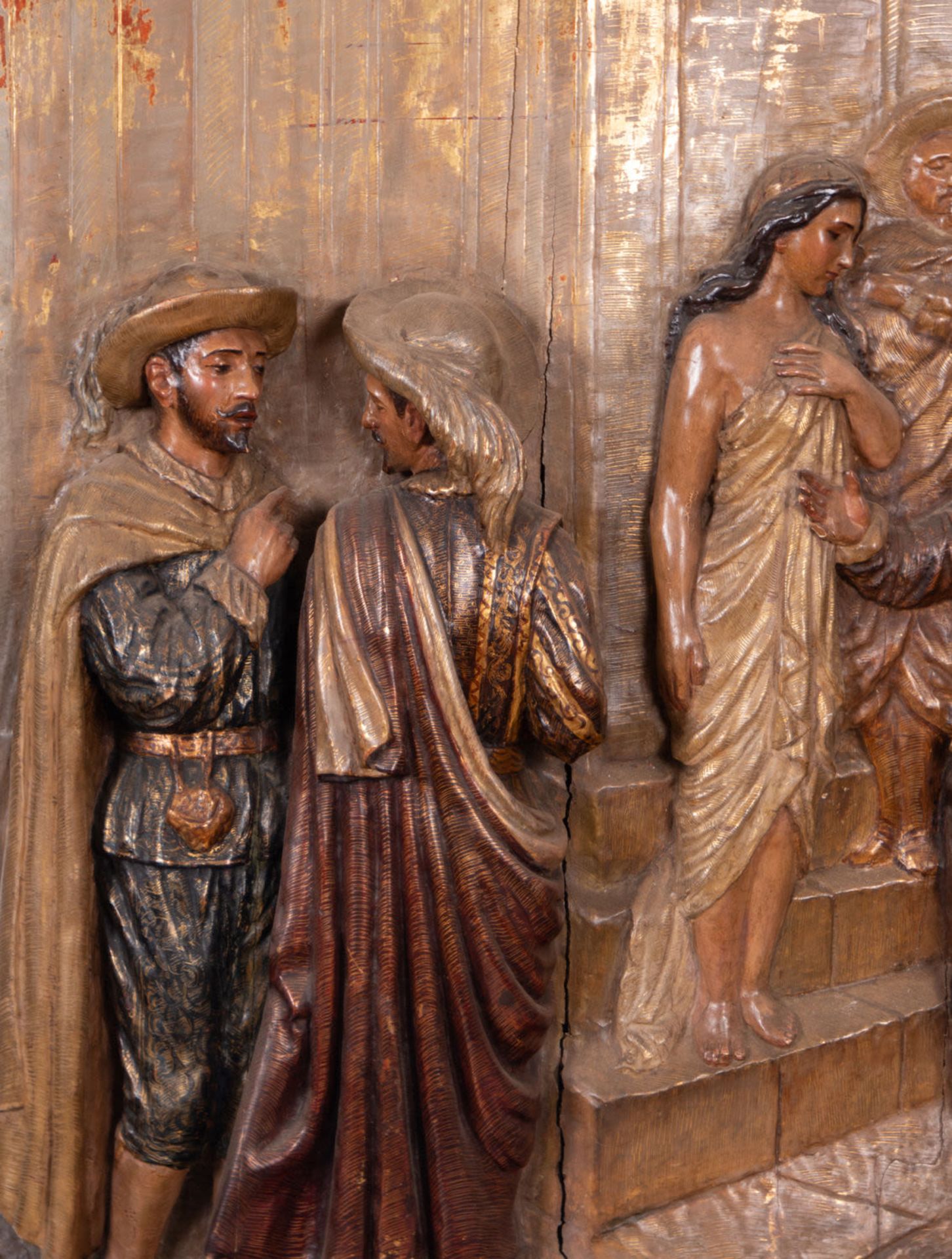 Relief in Polychrome Wood representing the sale of a Slave at the doors of the Cathedral of Seville, - Bild 4 aus 8