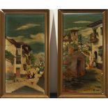 Pair of oil paintings on panel of Vista de Poblado, 19th century