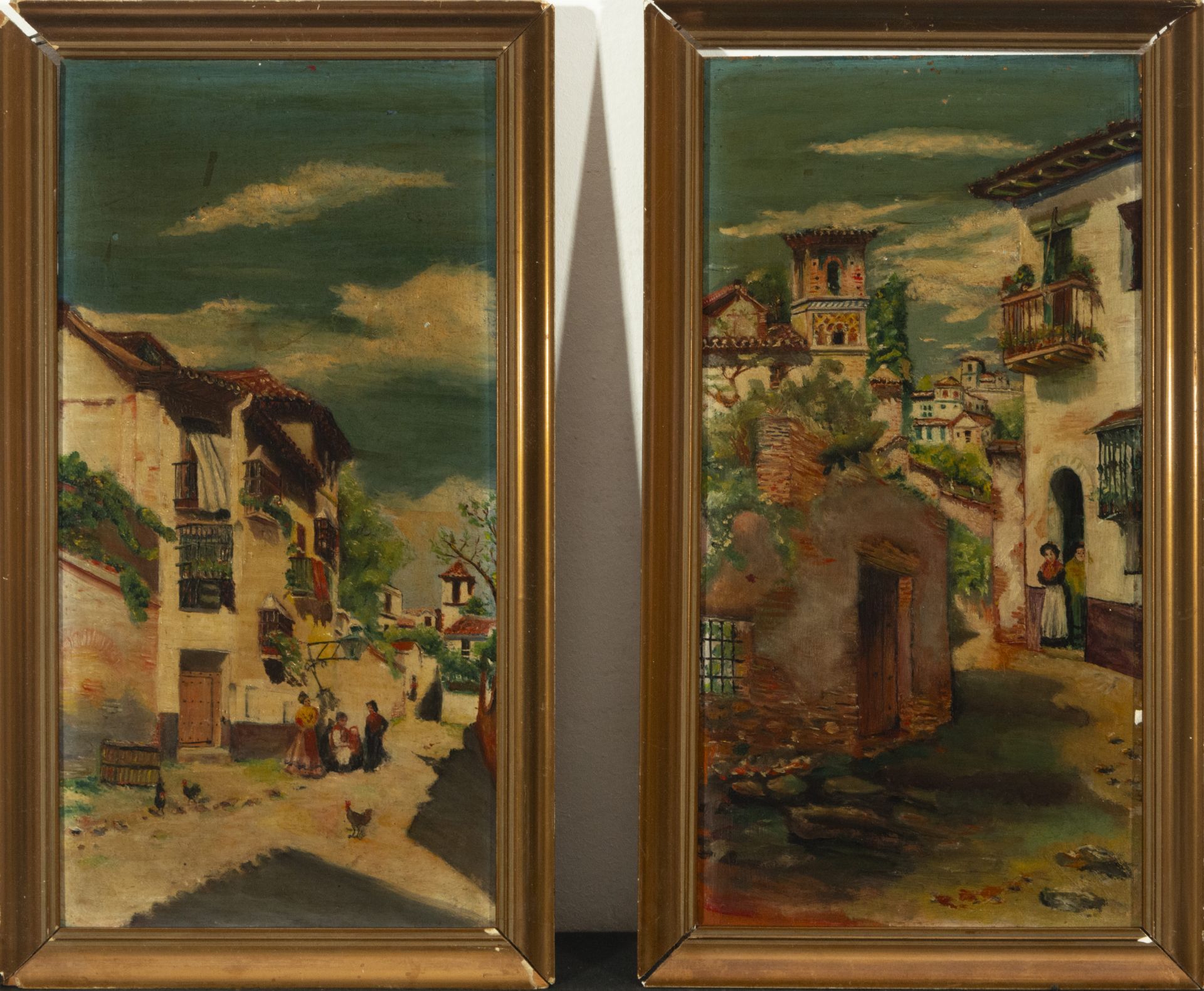 Pair of oil paintings on panel of Vista de Poblado, 19th century