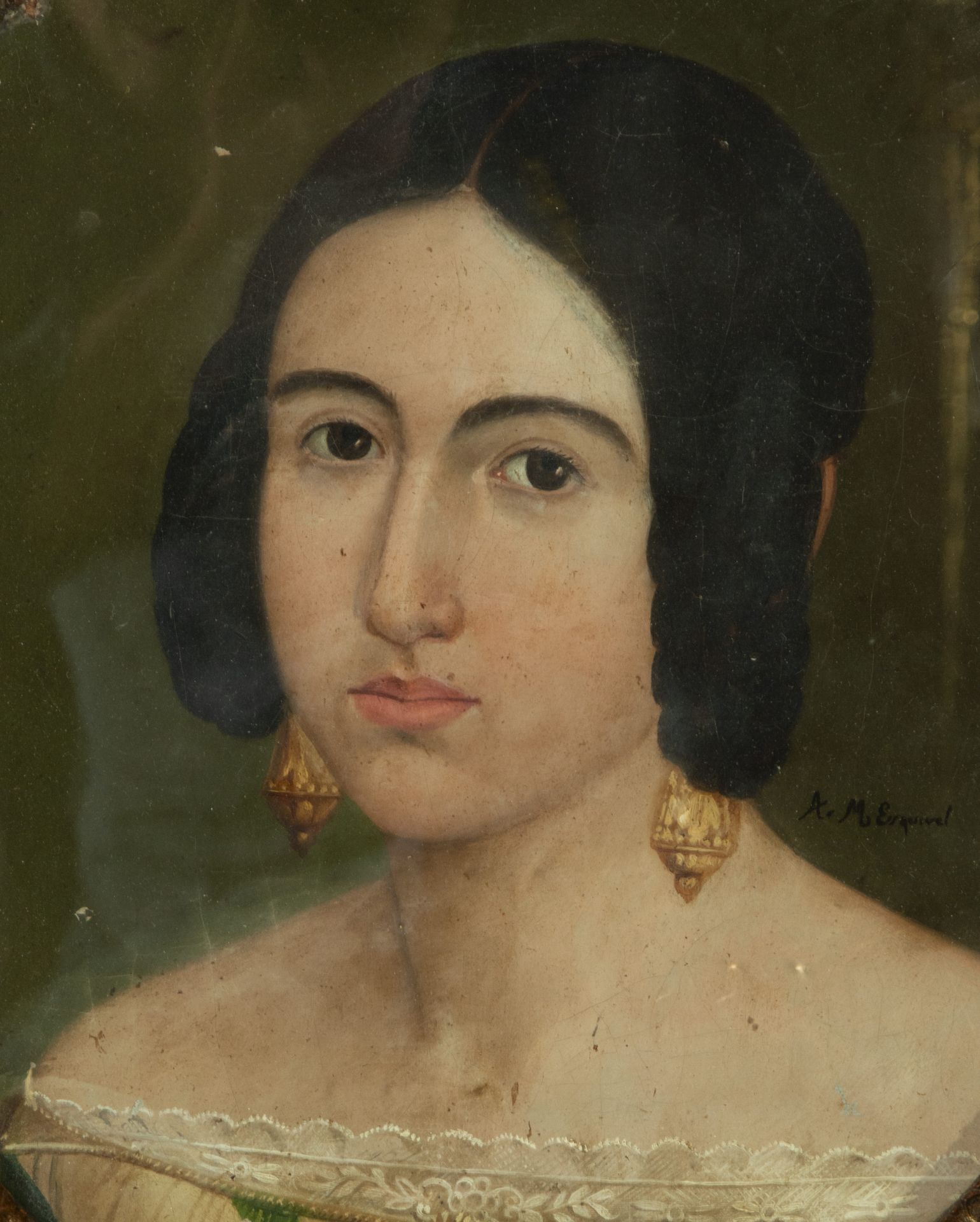 Portrait in oval frame of Young Lady, 19th century, signed Esquivel - Image 2 of 3