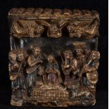 Important Colonial Group in Huamanga alabaster representing Adoration of Shepherds, Peruvian Vicereg