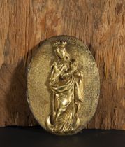Exquisite Hispanic Flamenco Medallion in Gilded Bronze to Mercury with Immaculate Conception, 16th c