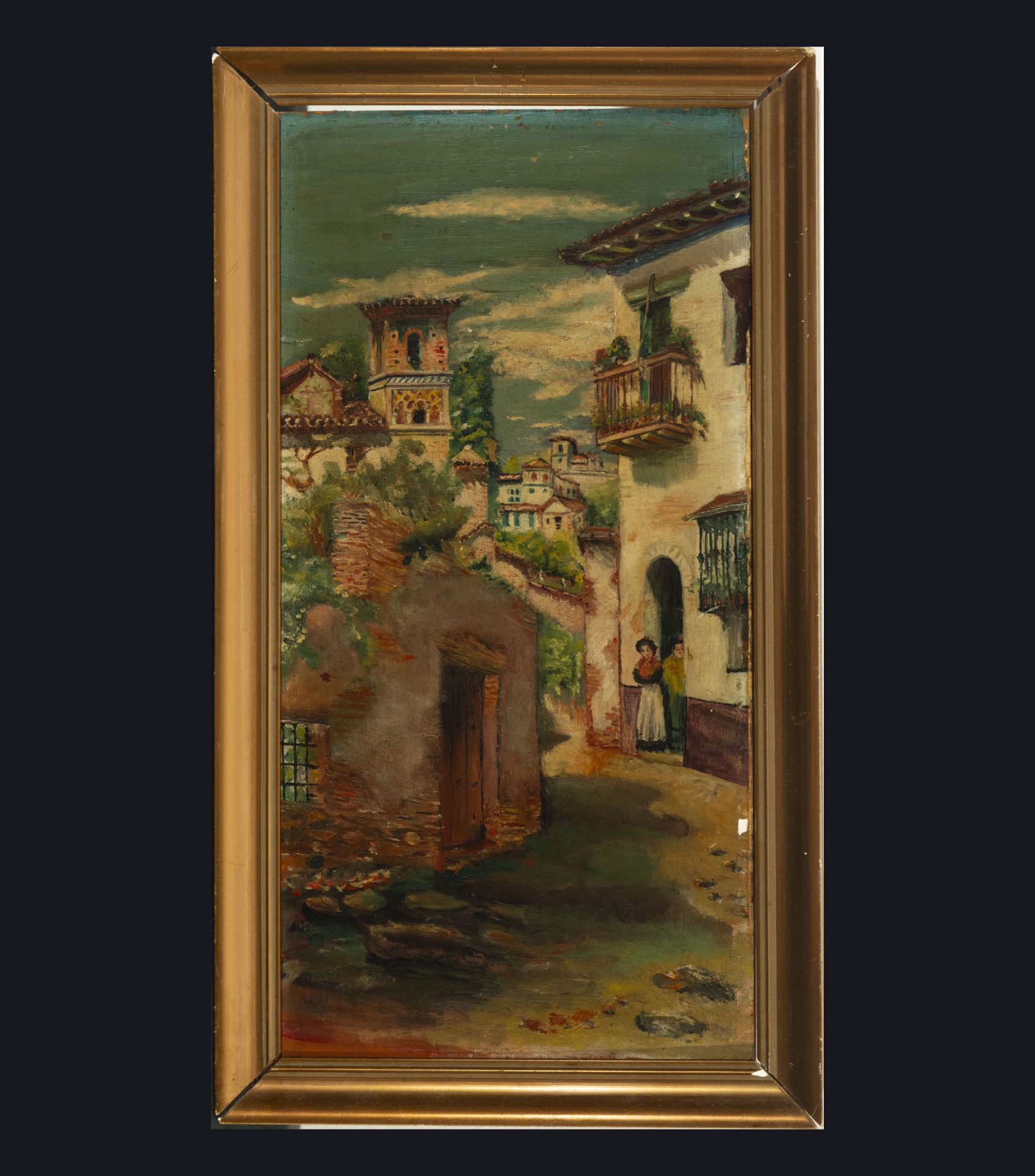 Pair of oil paintings on panel of Vista de Poblado, 19th century - Image 2 of 5