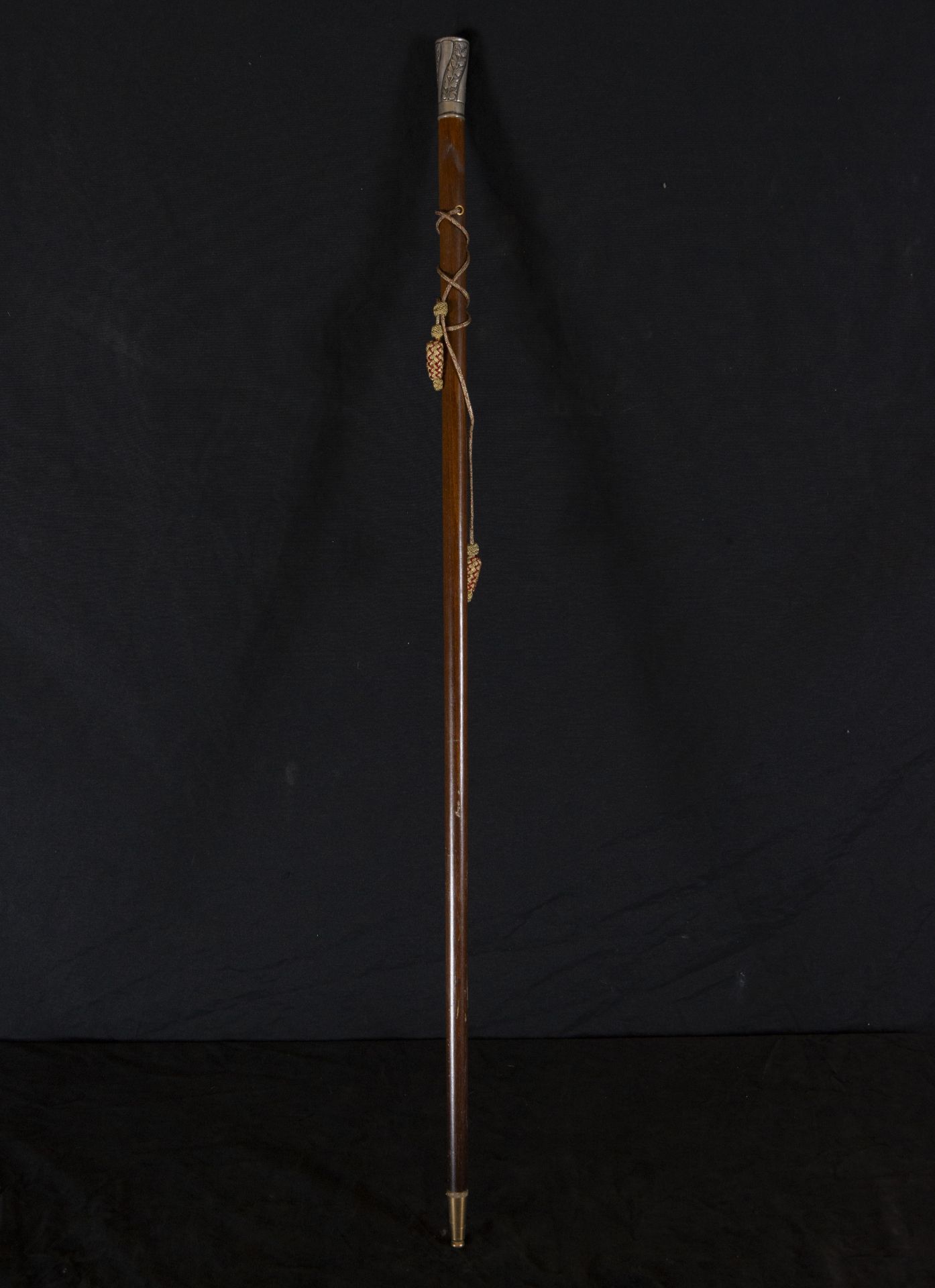Spanish Elizabethan Mayor's Cane, mid-19th century, embossed sterling silver handle with vine leaf m