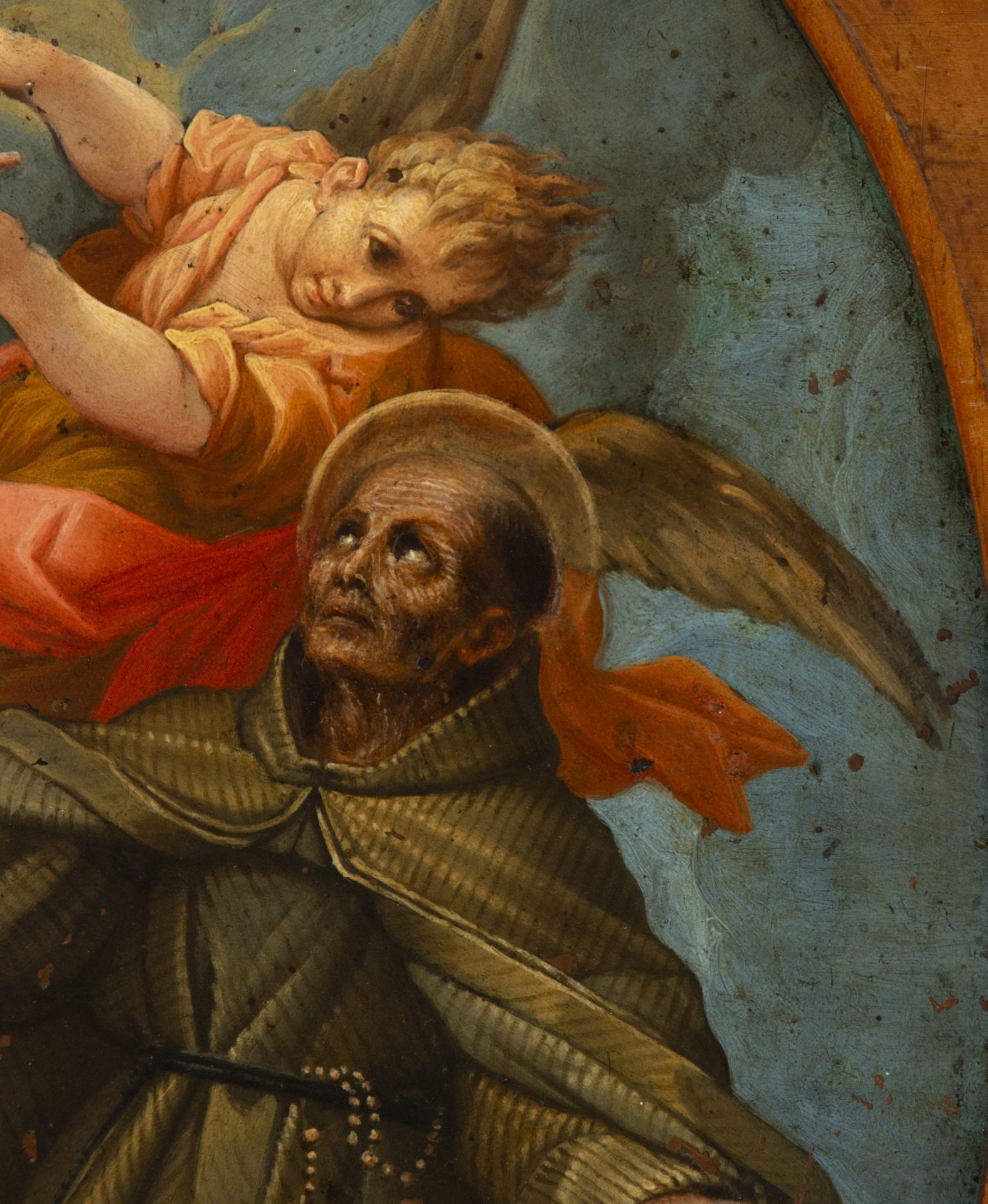 Saint Francis Being Comforted by the Angel, large 17th century Italian copper, in oval - Image 3 of 6