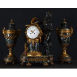 Large and important French Garrison complete with Mantel Clock and glasses in green marble and gilt
