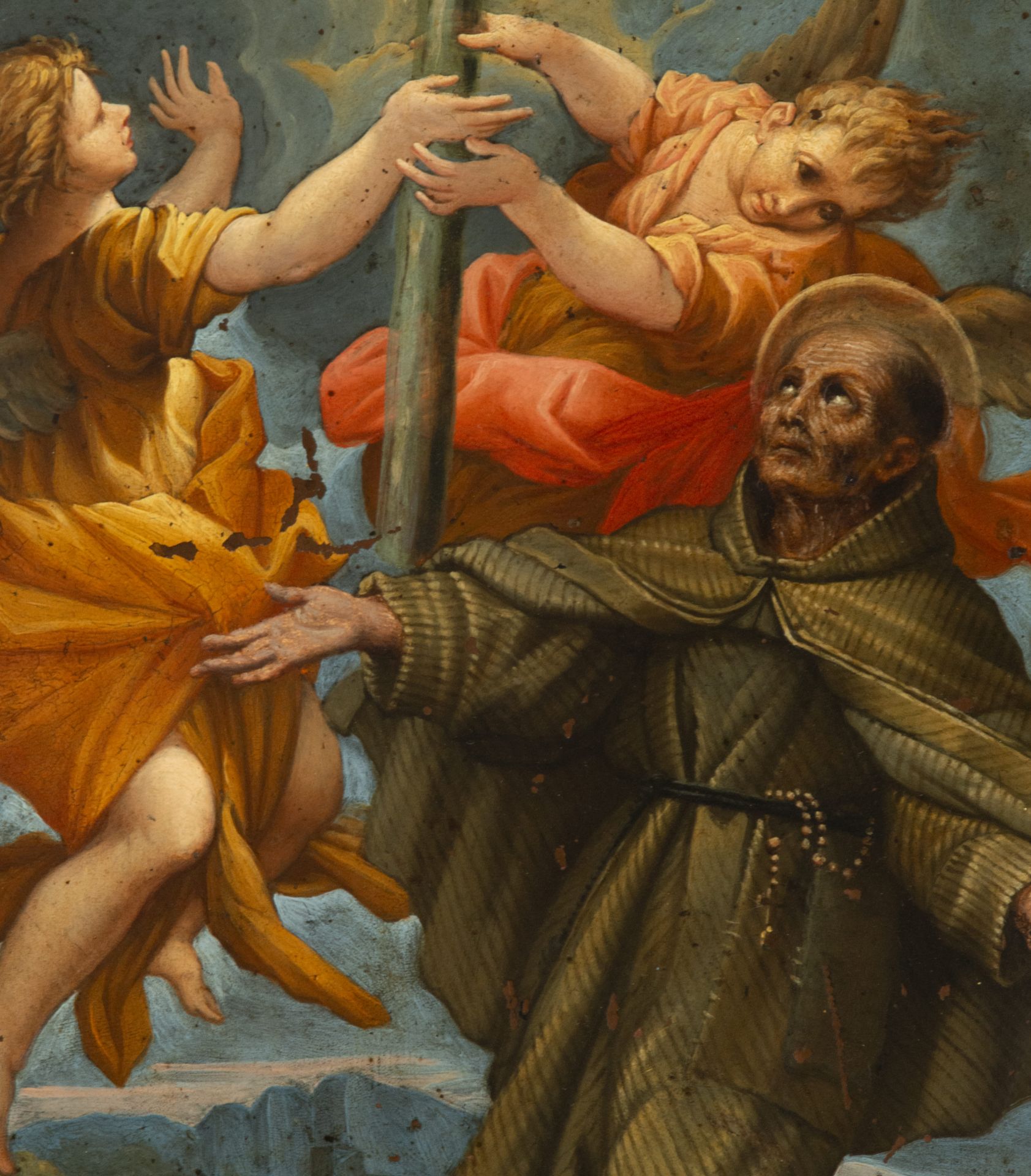 Saint Francis Being Comforted by the Angel, large 17th century Italian copper, in oval - Image 2 of 6