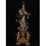 Important Immaculate Virgin with its original Showcase in Rosewood and Carey Marquetry with Crown in