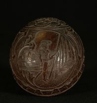 Cocoa Cup in Carved Coconut with Planter Engraving, 18th Century Dutch or American Colonial