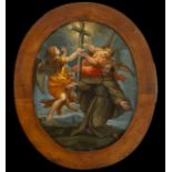 Saint Francis Being Comforted by the Angel, large 17th century Italian copper, in oval