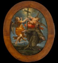 Saint Francis Being Comforted by the Angel, large 17th century Italian copper, in oval