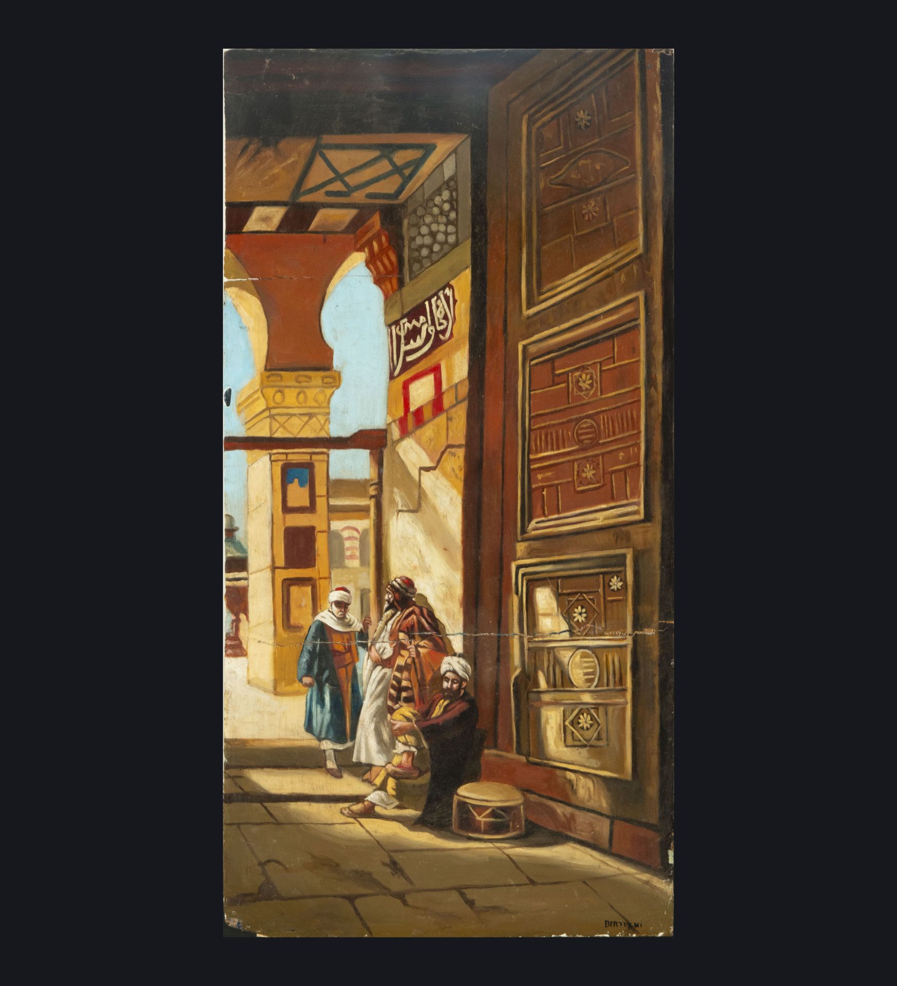 Pair of Orientalist scenes from the Souk and Interior of the Orientalist Palace, oil on panel, signe - Image 4 of 5