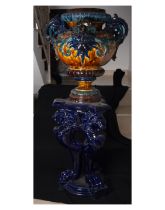 Large French Planter in cobalt blue glazed and polychrome stoneware in the Art Nouveau style, around