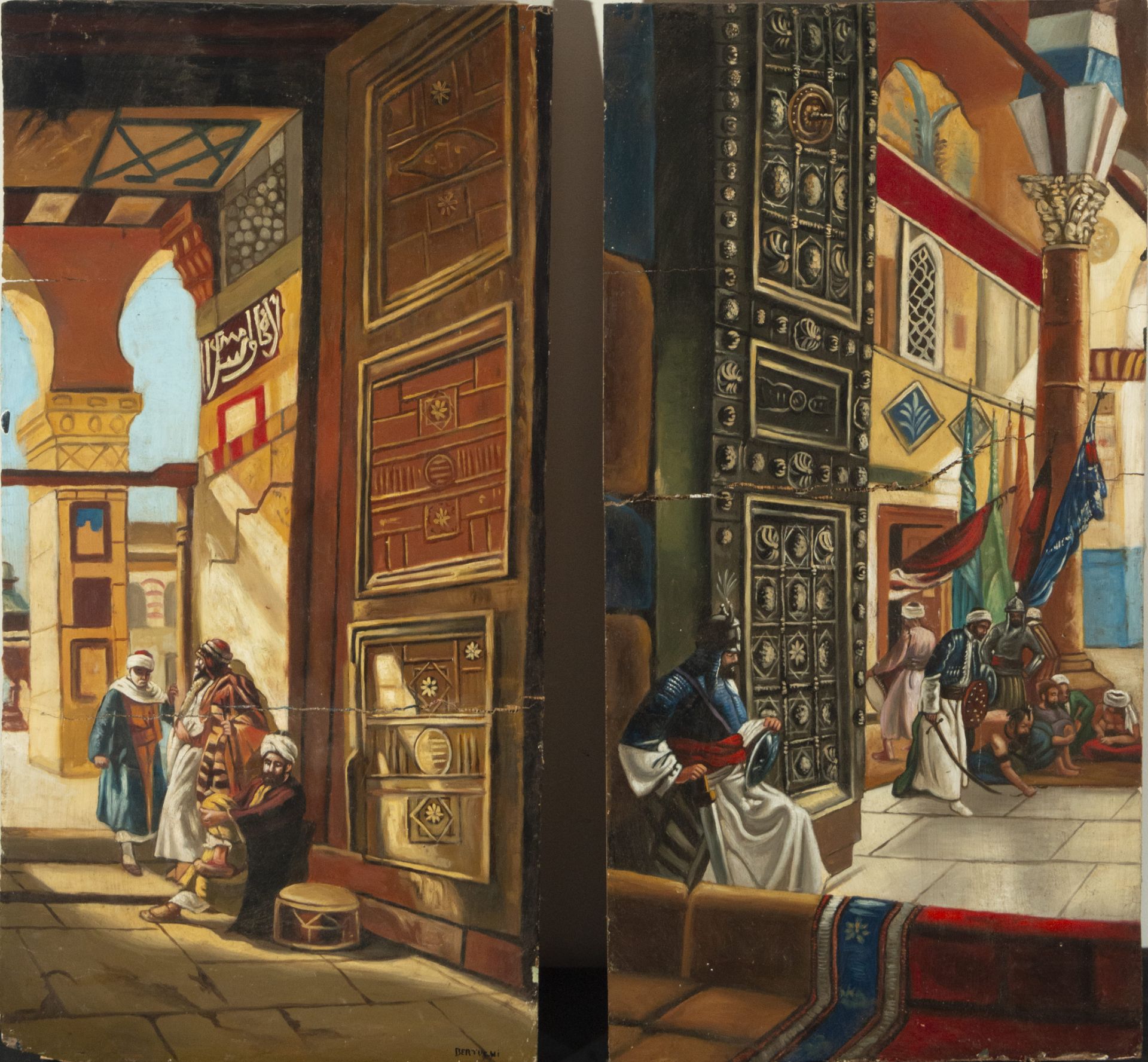 Pair of Orientalist scenes from the Souk and Interior of the Orientalist Palace, oil on panel, signe