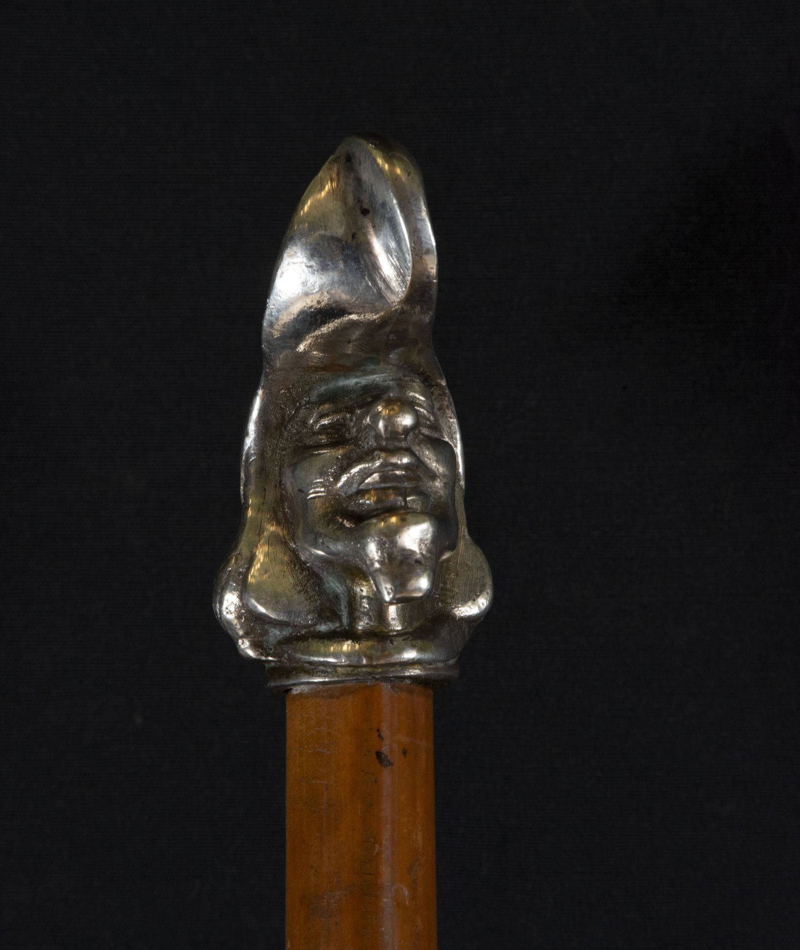 French cane, made of tropical wood and embossed silver head in the shape of a trobador's head, 19th  - Bild 2 aus 4