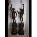 Pair of large bronze torch-bearing angels, French school from the late 19th century, around 1880