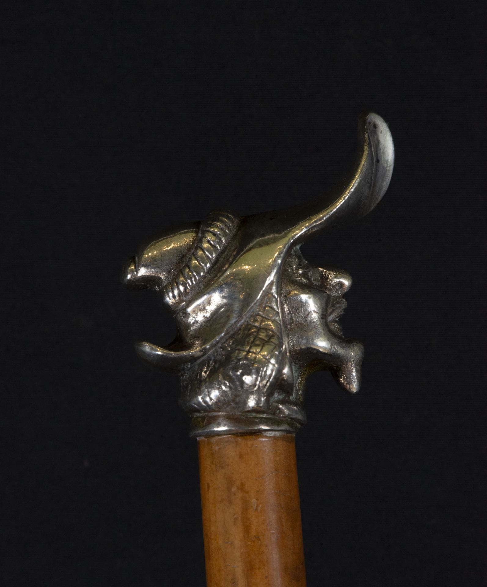 French cane, made of tropical wood and embossed silver head in the shape of a trobador's head, 19th  - Bild 3 aus 4