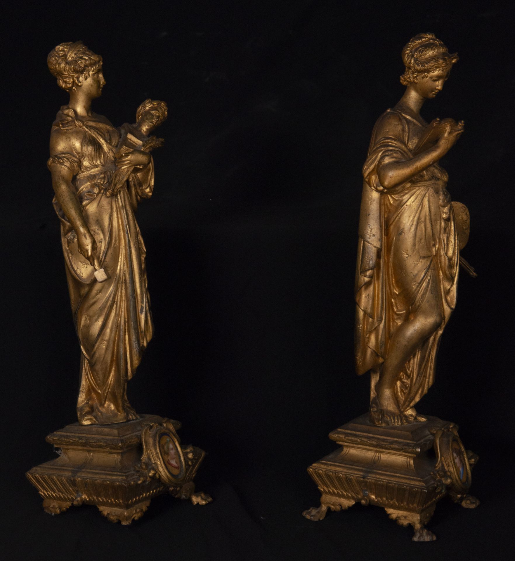 Pair of sculptures in gold calamine representing Allegories of the Arts, French school of the 19th c - Image 2 of 4