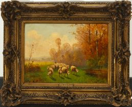 Shepherd with Sheep, 19th century French school, signed Bourgoin