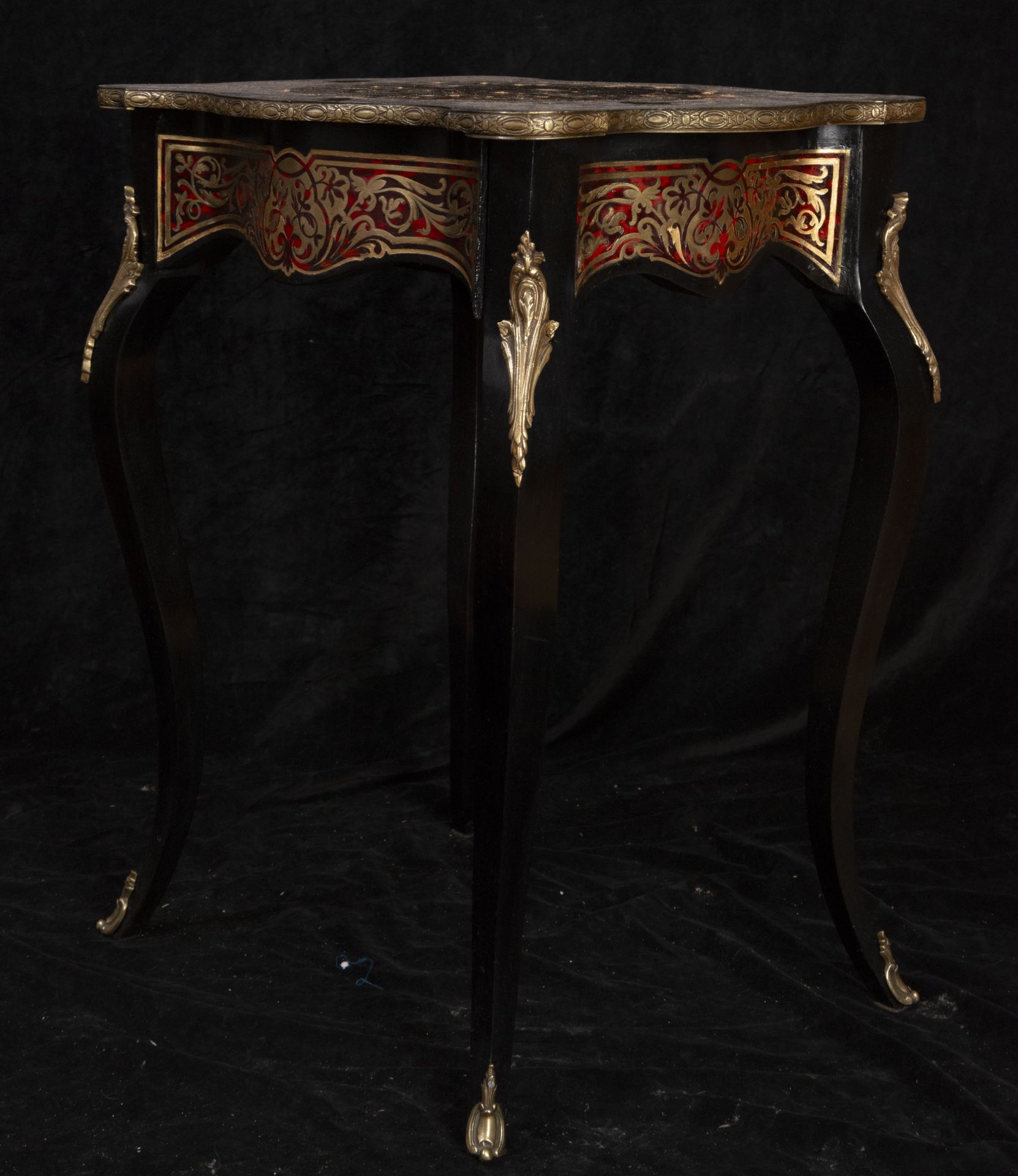 Louis XV style Boulle French ebonized wood side table in tortoiseshell, mother of pearl and brass, 1 - Image 2 of 3